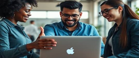 Diverse small-business owners celebrating around a laptop in a vibrant workspace