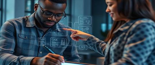 Multicultural brainstorming session with AI workflow in a tech-forward office.