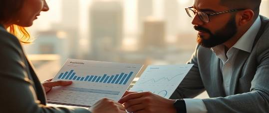 Close-up of a consultant and client reviewing dashboards, warm sunlight, corporate feel.