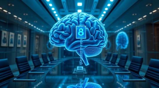 strategic brain architecture, focused, planning, photorealistic, inside a sophisticated boardroom with glass walls, highly detailed, interactive holograms, deep focus, blue and silver color scheme, overhead LED lighting, shot with a wide-angle lens