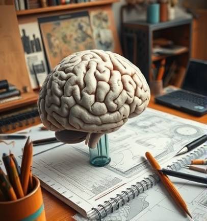 innovative brain design, creative, sketching, photorealistic, within an artist's studio cluttered with design tools, highly detailed, scattered blueprints, macro focus, muted earth tones, warm natural lighting, shot with a 50mm lens