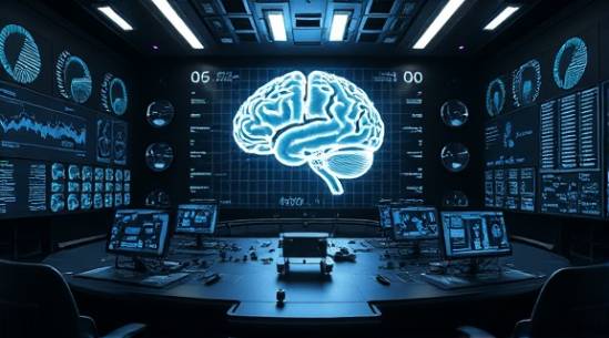 sophisticated brain strategy, calculated, predicting, photorealistic, in a futuristic control room with LED panels, highly detailed, rotating 3D models, ultra-realistic detail, monochrome hues, directional spot lighting, shot with a 24mm lens