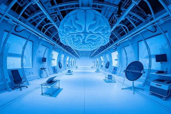 experiential brain design, experimental, constructing, photorealistic, in a virtual reality lab with high-tech gadgets, highly detailed, fluctuating digital landscapes, immersive experience, electric blue and white, focused synthetic lighting, shot with a fisheye lens