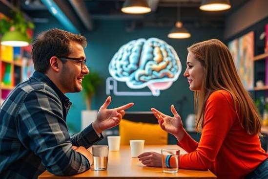 creative brain advertising, engaging, brainstorming, photorealistic, set in a trendy agency with colorful decor, highly detailed, lively creative exchanges, vivid imagery, bold primary colors, ambient overhead lighting, shot with a 50mm lens