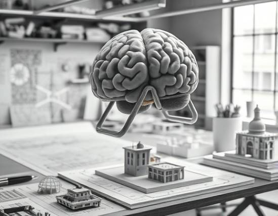 strategic brain design, meticulous, crafting, photorealistic, in an architect's office surrounded by models and blueprints, highly detailed, precision tools, detailed textures, grayscale tones, soft natural sunlight, shot with a tilt-shift lens