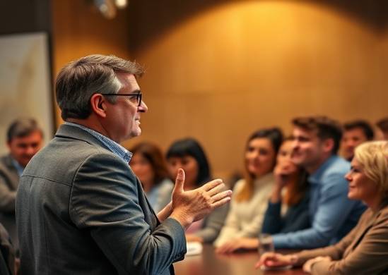persuasive sales pitch, confident, presenting to a captivated audience, photorealistic, within a well-lit conference room, highly detailed, expressions of engagement and interest on faces, clear and crisp details, warm earth tones with subtle reds, spotlight focused on speaker, shot with an 85mm lens