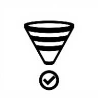 Minimal black sales funnel icon with checkmark, flat design, transparent background.