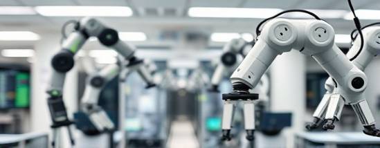 Streamlined workflow automation, focused, automating complex processes, photorealistic, modern office environment with technology in motion, highly detailed, robotic arms and digital interfaces, macro shot, white and tech green, fluorescent lighting, shot with a macro lens.