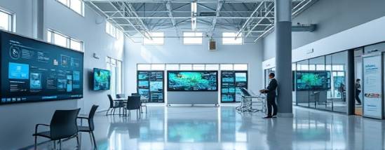 Efficient workflow efficiency, proactive, improving productivity, photorealistic, open space with digital boards and interactive screens, highly detailed, seamless data flow, wide-angle shot, cool gray and neon blue, natural light streaming in, shot with a 24mm lens.