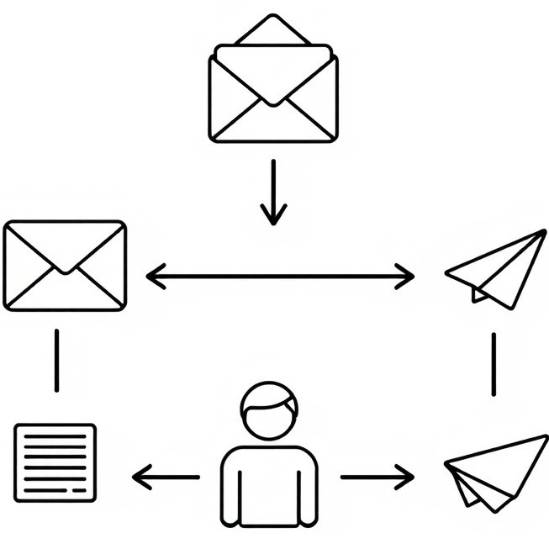 Flat black line illustration of a simple AI workflow diagram.