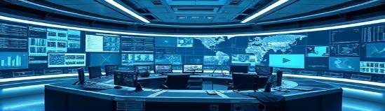 Innovative workflow integration, collaborative, enhancing connectivity, photorealistic, futuristic control room with panoramic displays, highly detailed, synchronized technology interaction, dynamic composition, silver and digital blue, soft key lighting, shot with a 35mm lens.