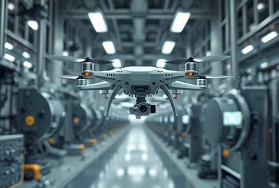 Futuristic workflow automation, efficient and precise, revolutionizing processes, photorealistic, high-tech facility with sleek machinery, highly detailed, AI drones working in harmony, crisp resolution, metallic finish, diffused overhead lights, shot with a 28mm lens.