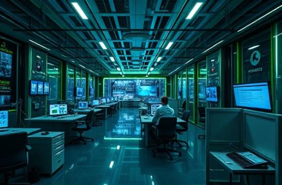 Cutting-edge workflow efficiency, sleek, redefining productivity, photorealistic, state-of-the-art innovation center filled with tech marvels, highly detailed, AI-driven enhancements, panoramic view, chrome and cyber green, focused spotlights, shot with a 16mm lens.