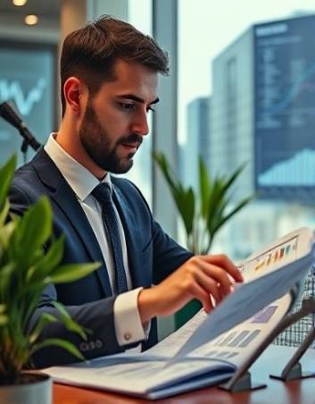 analytical strategy analysis, contemplative expression, reviewing financial reports, photorealistic, modern office with plants and city view, highly detailed, graphs and data projections on walls, 1/125 shutter speed, neutral tones, ambient light, shot with an 85mm lens.