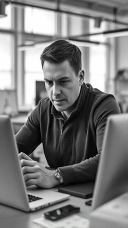 focused strategy execution, determined expression, implementing plans on digital devices, photorealistic, tech startup workspace with open space design, highly detailed, code and project management tools visible, f/3.5, monochrome, daylight illumination, shot with a 24mm lens.