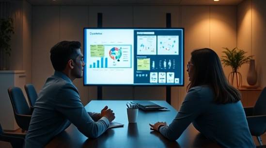 collaborative strategy planning, thoughtful expression, aligning team goals, photorealistic, boardroom with video conference setup, highly detailed, digital charts and post-it notes displayed, f/4, warm tones, dimmed artificial lighting, shot with a 50mm lens.